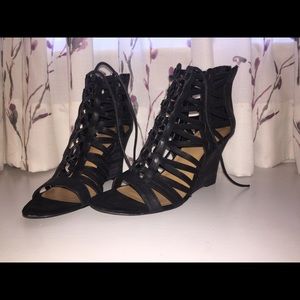 Black open toe lace up heels